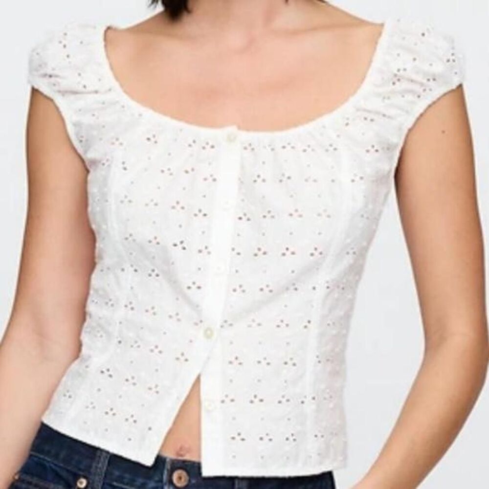 100% Cotton Gap Eyelet Button Front Cap Sleeve Top XS | NWT